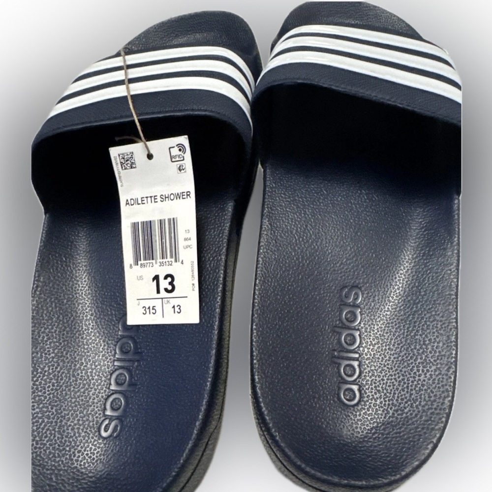 NWT size 13 Adidas adilette shower Dark Blue Slides with White Stripes - Picture 1 of 5